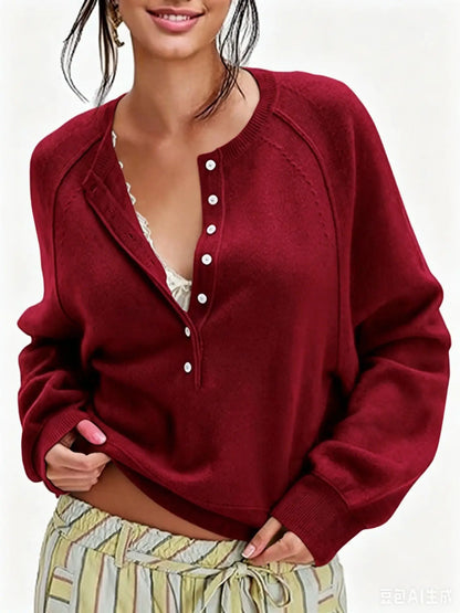 Women's Long-Sleeve Knitted Sweater, Half-Button Design, Henley Collar, Casual Style, lightweight Material, Solid Color Pullover Knitwear.