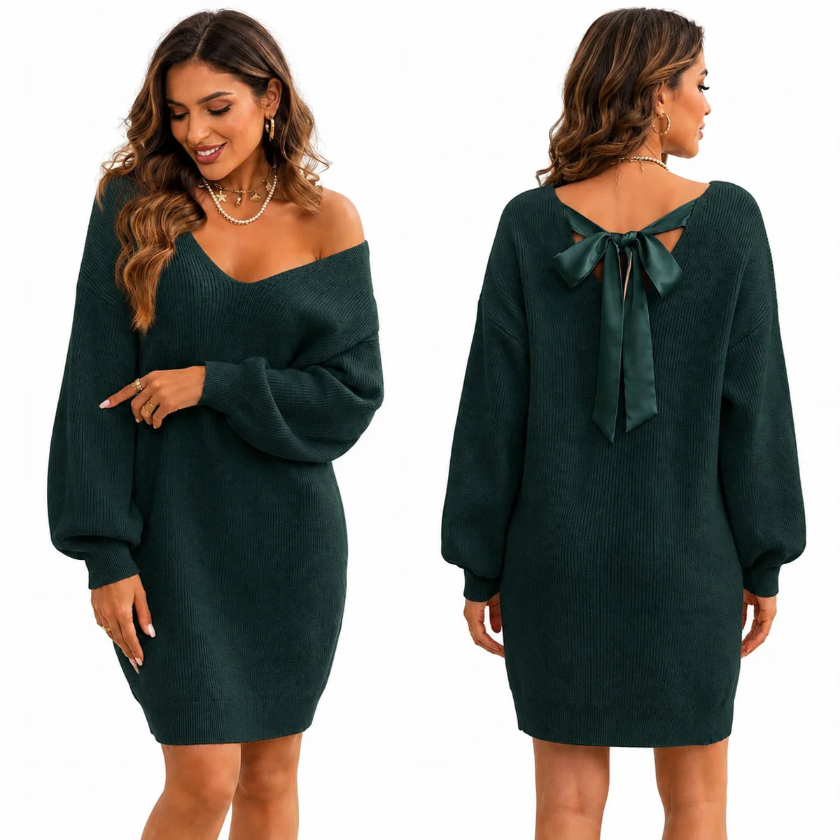 Women V‑Neck Oversized Knit Sweater Dress, Back Satin Bow Tie‑Back Long Puff Sleeve Loose Mini Knit Dress for Fall Party Daily Going‑Out Outfit