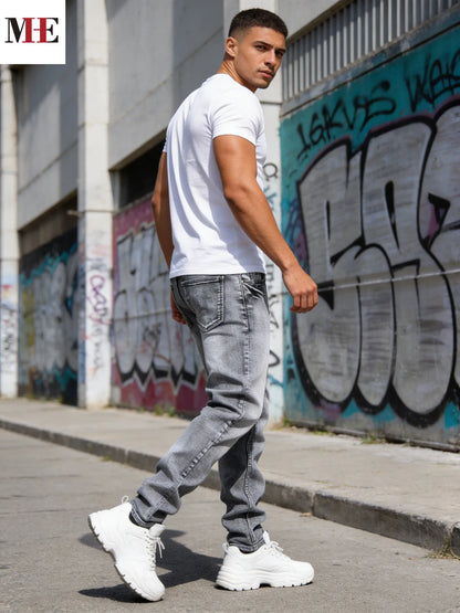 【HME】Men's jeans | Minimalist retro street grey washed denim pants with well-proportioned slim straight cut, wear-resistant breathable denim cloth, timeless basic design, essential wardrobe pants for men's everyday casual