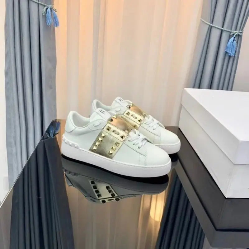 Casual Versatile Leather Sneakers Unisex Trendy Rivet Decorated Sport Shoes Breathable Comfortable Massage Function for Couples