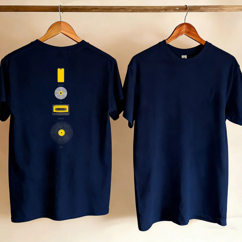 Music Evolution Media Vertical Graphic T-Shirt Men Back Print Cotton Short Sleeve Vinyl Cassette CD Phone Nostalgia Casual Tee