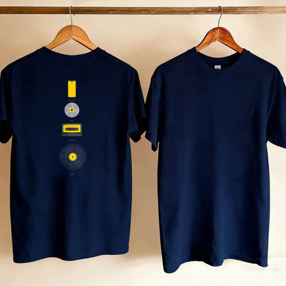 Music Evolution Media Vertical Graphic T-Shirt Men Back Print Cotton Short Sleeve Vinyl Cassette CD Phone Nostalgia Casual Tee
