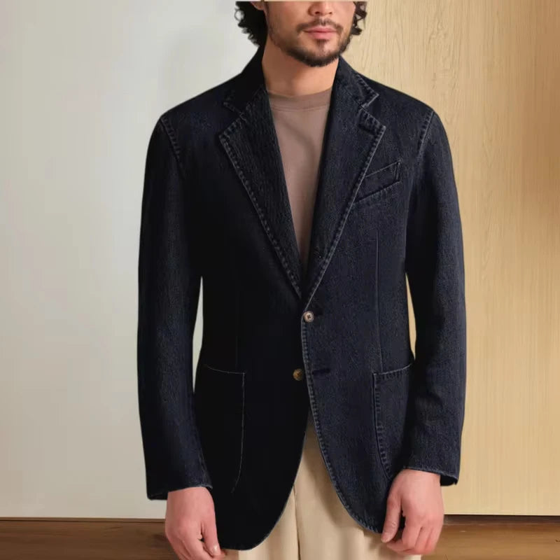 Men's Stretch Denim Blazer Classic Fit Notch Lapel 2 Button Suit Jacket Soft Breathable Business Casual Sport Coat with Pockets