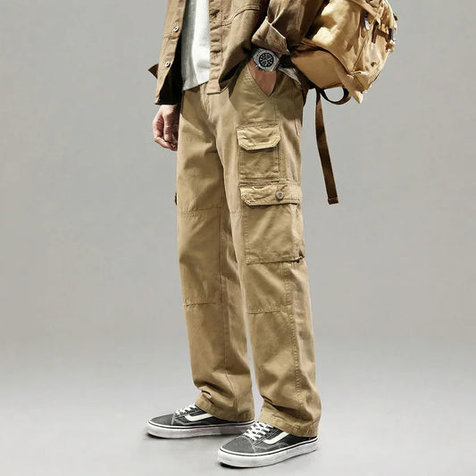 Men's 100% Cotton Cargo Pants Loose Straight Fit Spring Autumn Multi-Pocket Casual Wear-Resistant Work Trendy Trousers