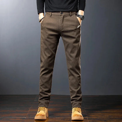 Spring Men's Slim Casual Pants Business Straight Twill Cotton Elastic Trousers Brand Fashion Clothing Coffee Black Gray