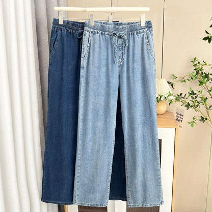 Summer 100KG Plus Size Thin Wide Leg Jeans Casual Premium Drawstring Elastic Waist Lyocell Denim Straight Pants For Women 9365