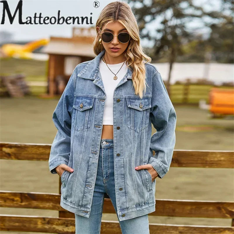 Vintage Denim Jacket Women Autumn Winter Loose Lapel Single-breasted Cardigan Coat Ladies Fashion Casual Commuter Outerwear 2024