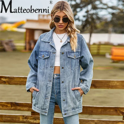 Vintage Denim Jacket Women Autumn Winter Loose Lapel Single-breasted Cardigan Coat Ladies Fashion Casual Commuter Outerwear 2024