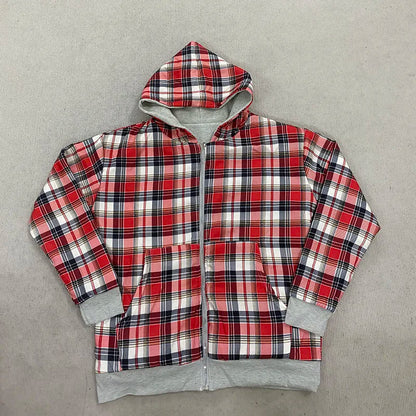 Autumn new hoodie with plaid lining and zipper cardigan, double-sided hoodie, street original style jacket for men