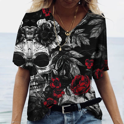 Skulls T-shirt Women's Shirt Fashion Short Sleeve New Casual Top Tee Ladies Girl Clothing V Neck T Shirt For Women