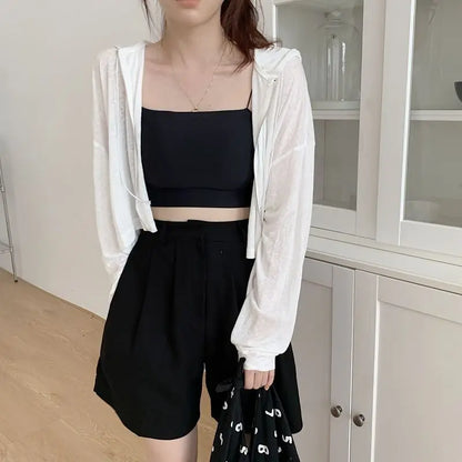 Rimocy Solid Color Thin Hooded Cardigan Women 2024 Summer Zipper Up Crop Tops Woman All Match Long Sleeve Cropped Jacket Ladies