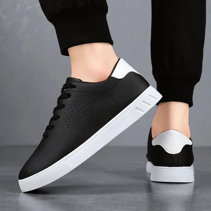 Men's Classic White Sneakers Casual Leather Lace-Up Shoes Breathable Perforated Lightweight Walking Shoes for Male