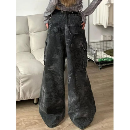 American retro high street design with snake pattern multi pocket workwear jeans for women high waisted and loose wide leg pants