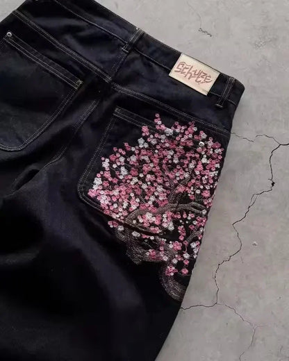 Y2K Vintage Low Waist Hip Hop Cherry Blossom Embroidered Jeans Wide Leg Trousers Clothes Men's Embroidered Baggy Jeans