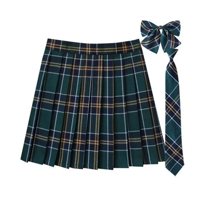 Women Summer Plaid Pleated Skirt With Necktie Bowtie Korean Jk Skirt Uniform Japanese School Preppy A Line Mini Skirts