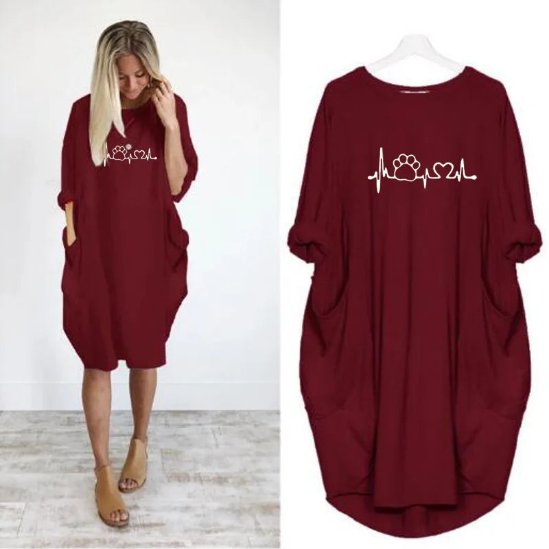 Women's Loose  Long Sleeved Summer Plus Size Dress Autumn  Winter Casual Round Neck Solid Color Long Sleeve Pocket Loose Pullove