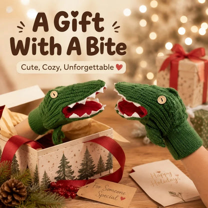 Cute Crocodile Knitted Mittens, Funny 3D Animal Design Warm Winter Full-Finger Gloves, Soft Knit Hand Warmers, Novelty Dress-up Gloves for Women Men, Perfect Christmas Holiday Gift Choice, Ideal for Daily Outdoor Cold Weather