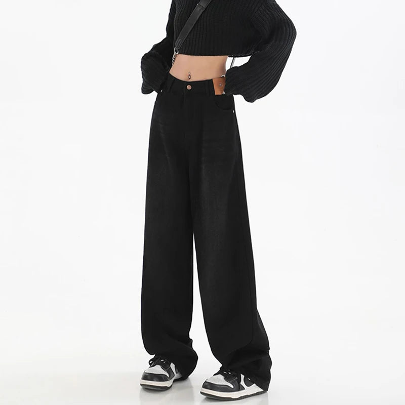Female Classic Retro High Waist Baggy Jeans Women Korean Daily Straight Leg Denim Trousers Girls Comfortable Long Pants