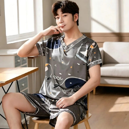 Men Summer New Fashion Print Pajamas Set Plus Size V-Neck Short Sleeve Shorts Men's Sleepwear