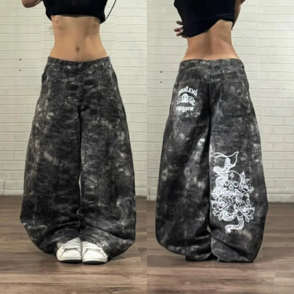 American Vintage Hip Hop New Blue Washed Pattern Printed Baggy Jeans Female