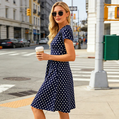 Women's V-Neck Wrap Dress with Pockets, Short Sleeve Polka Dot Casual Summer Dress
