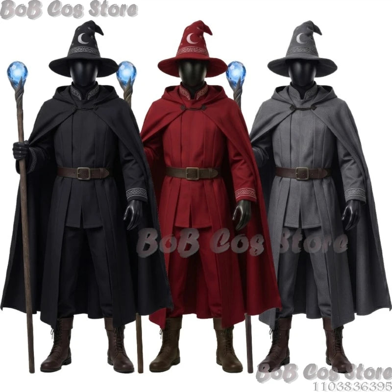 Star and Moon Magic Magician Cosplay Costume Magic Robe 3 Colours Black Gray Red Long Robe Big Hat Halloween S-2XL Clothes Cos