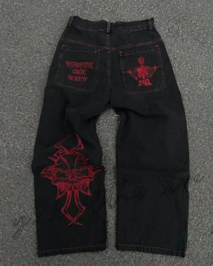Street Fashion Trend Skull Embroidered Jeans Women Straight Wide-leg Pants Couple Casual Jeans