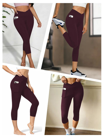 Women's Super Soft Crossover High Waisted Capri Pants With Pockets Tummy Control No See Through Workout Yoga Running Leggings