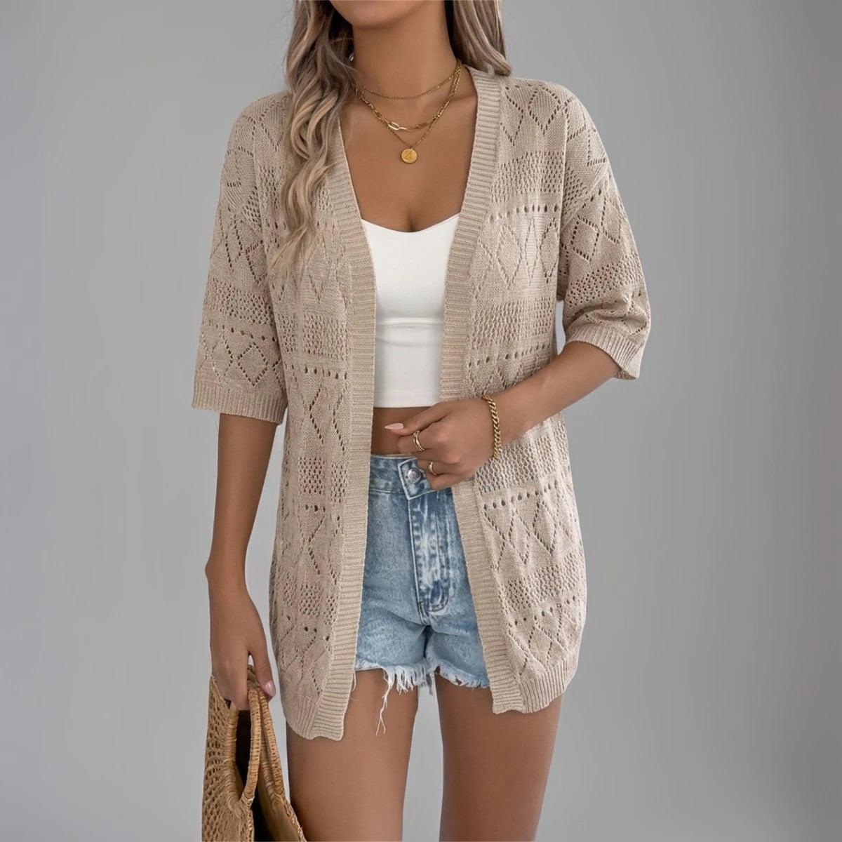 Hollow Out Knit Cardigan Short Sleeve Solid Color Summer Beach Lightweight Top