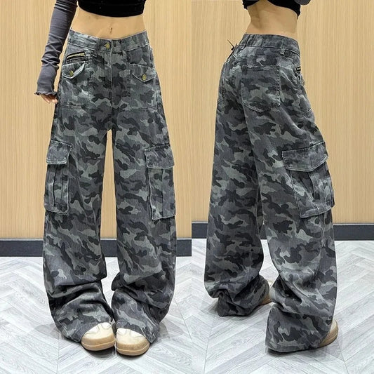 Retro Camouflage Work Pants Women's Spring Autumn Loose Slimming Floor-Length Trousers Multiple Pockets Ladies Casual Workwear
