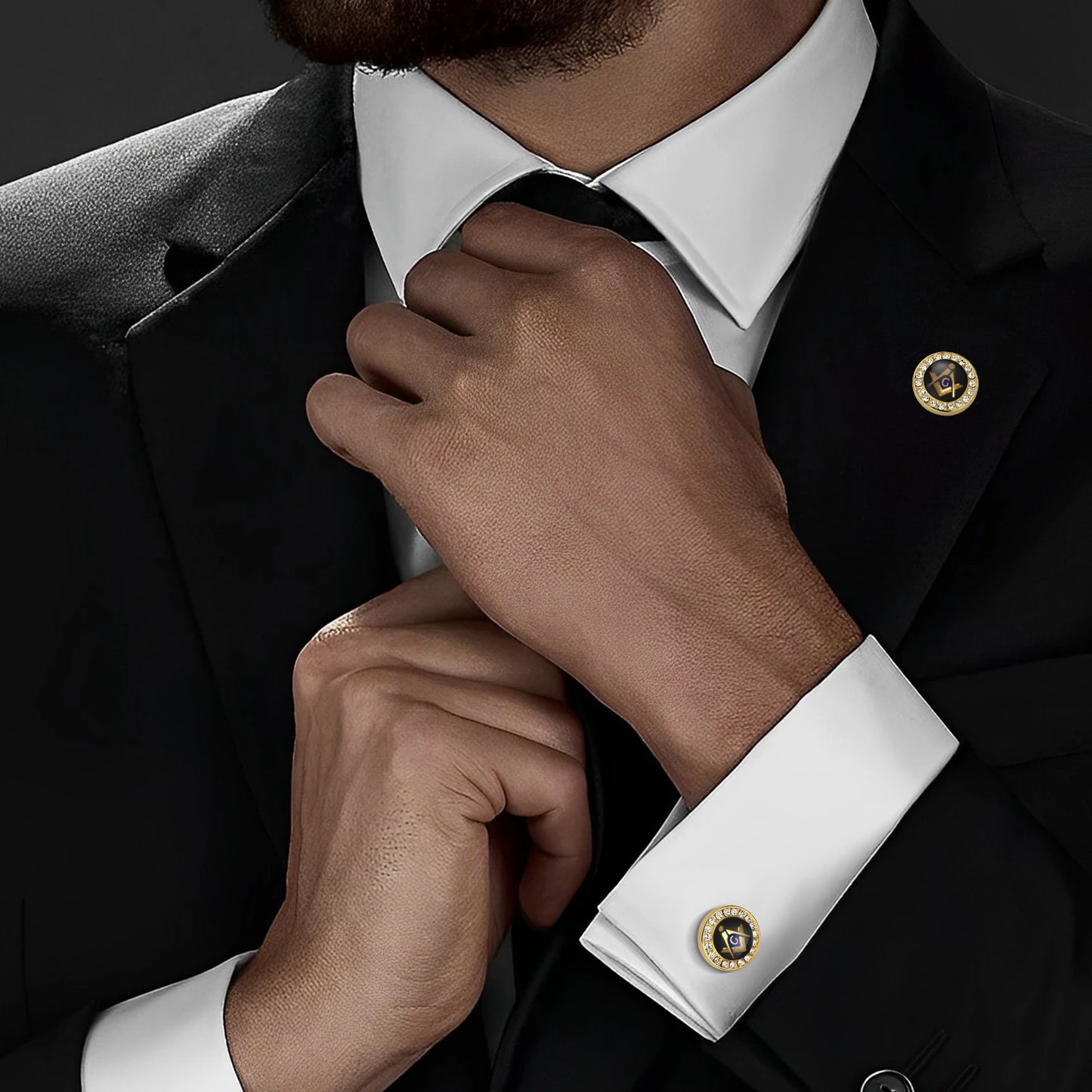 Mens Freemason Cufflinks 18K Gold Plated Square Compass Symbol with Black Blue Enamel and Crystal Rhinestones Gifts for Masonic