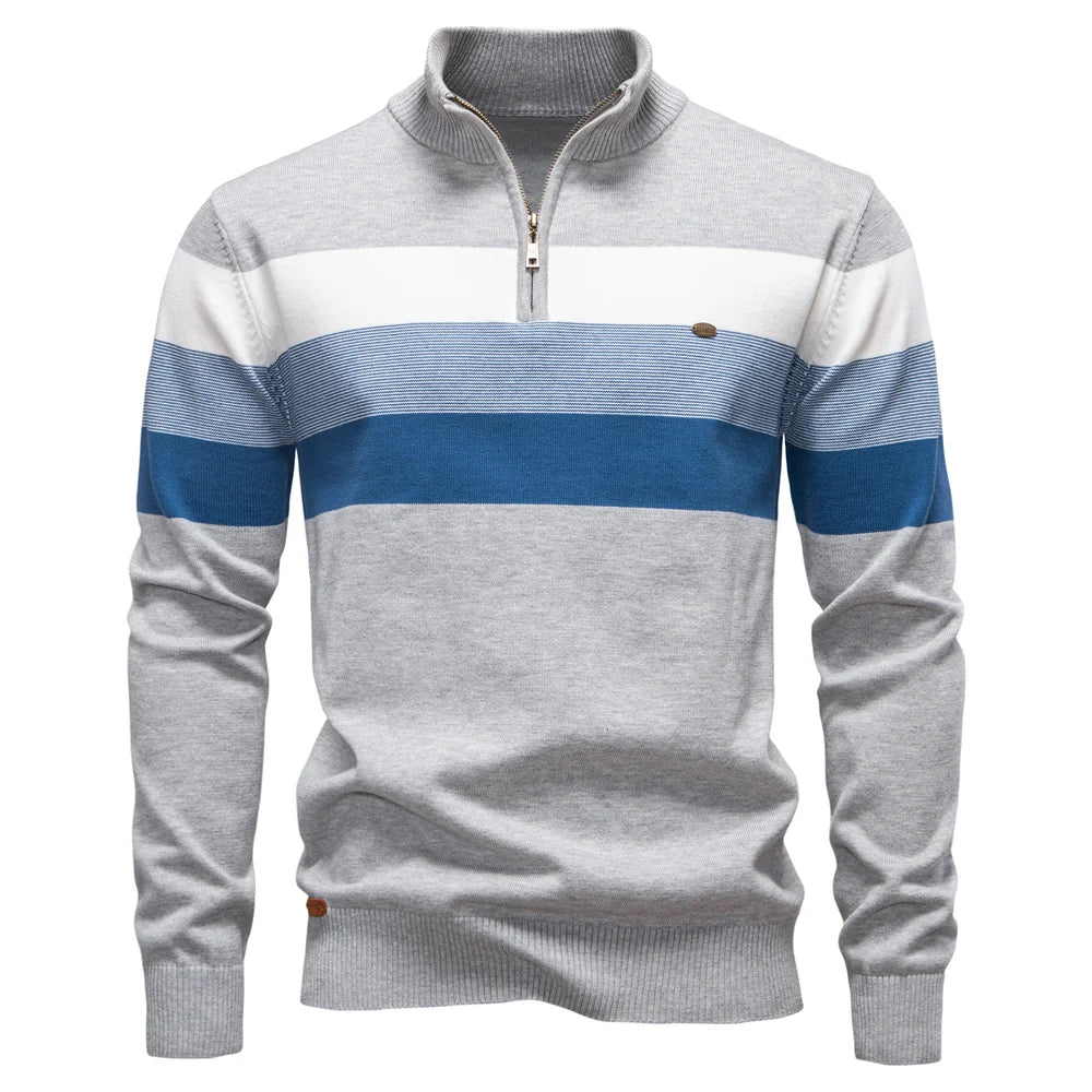AIOPESON Men's Patchwork Pullover Sweater Cotton Casual Zipper Mock Neck Sweater for Men New Winter Fashion Warm Sweater for Men