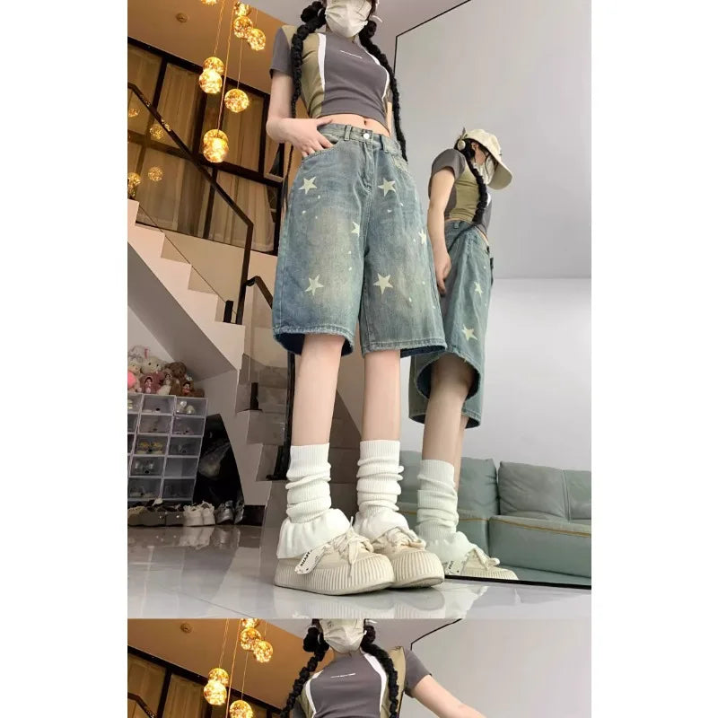 Casual Floral Print Loose Wide Leg Womens Jeans New American Retro Star Design Straight Leg Comfort Stretch Soft Denim Shorts