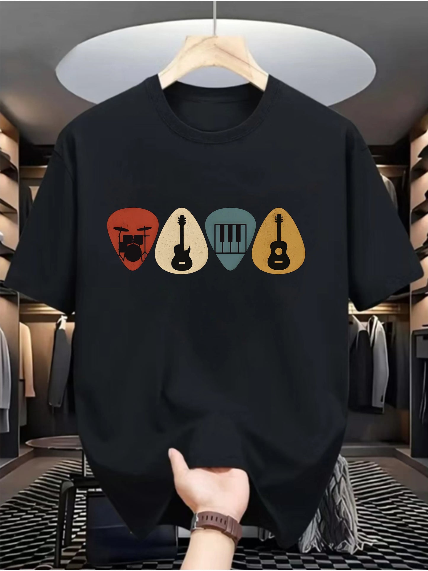 Vintage Music Lover T Shirt Retro Guitar Picks Graphic Tee Drum Piano Guitar Musician