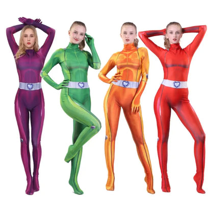 Totally Spies Cosplay Costume for Women Adults 3D Printed Clover Ewing Zentai Bodysuit Halloween Alexandra Cosplay Jumpsuit