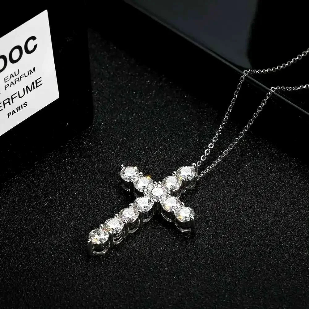 Full Moissanite Cross Pendant Original Sterg Sliver Chain Plated White Gold Fine Necklace For Women Jewelry