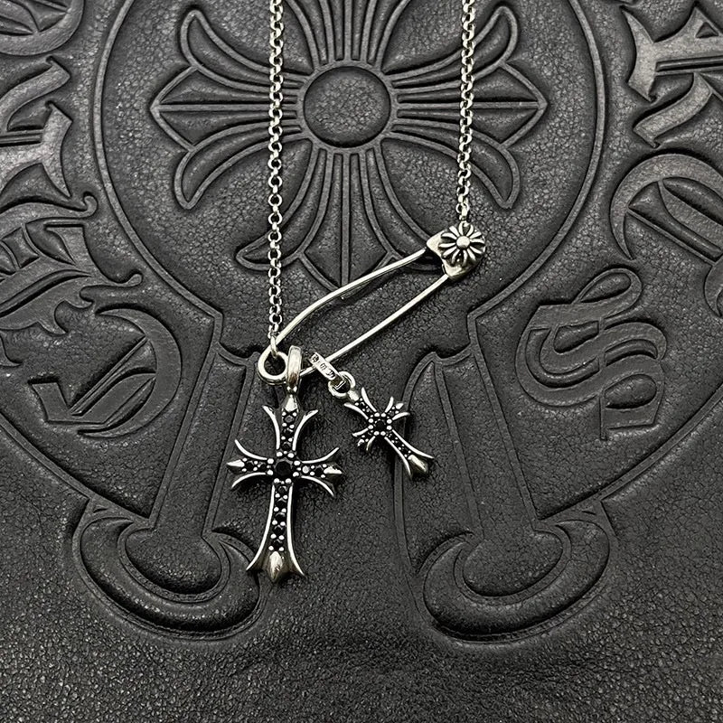 Antique Trendy Xuan Kao Luo Xin Retro Double Cross Pin Necklace Men and Women Personality Collarbone Chain Mix and Match Interne