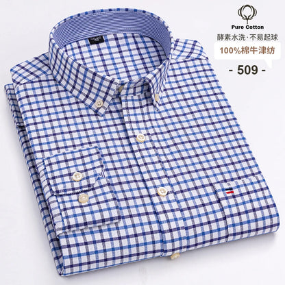 Men's Social Shirts Long Sleeve 100%Pure Cotton Oxford Buttoned Plaid Formal Male Casual Clothes Oversized Shirt Plus Size S-7XL