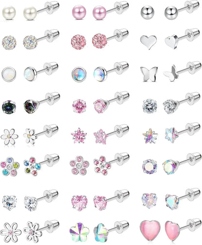 24Pairs Stainless Steel Stud Earrings for Women CZ Screw Back 4mm Tiny Flat Back Studs Cute Dainty Jewelry Gift Set 16G 18G