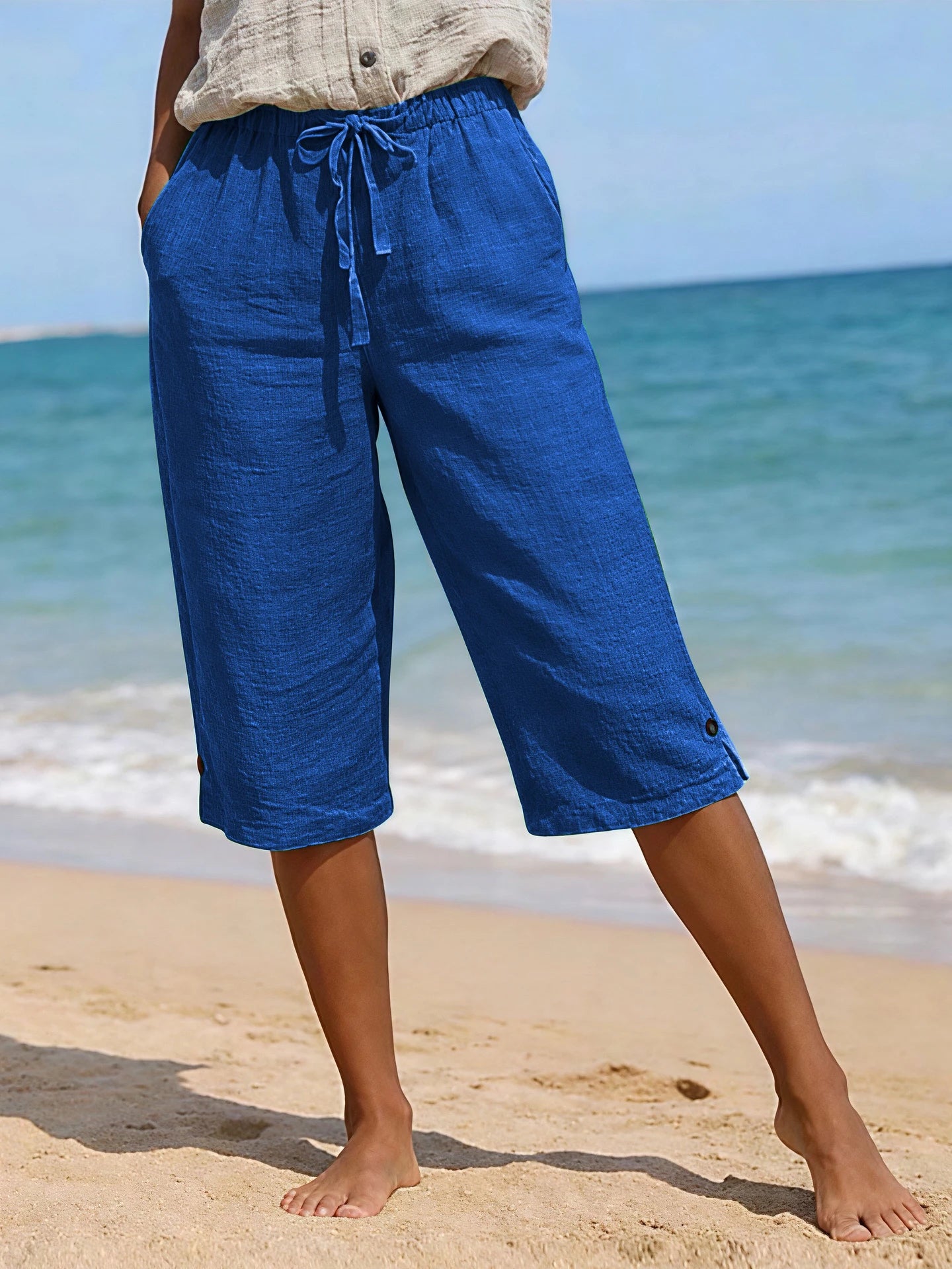 Women's Solid Color Cotton Linen Loose Fit Belted Front & Back Multiple Pockets Capri Pants
