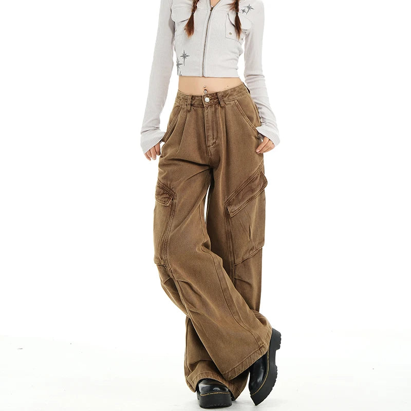 Retro Casual High Waisted Baggy Cargo Jeans Women Washed Distressed Wide Leg Pants Brown Denim Y2K Streetwear Vintage Trousers