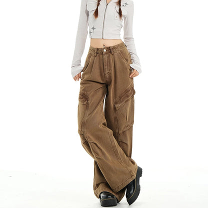 Retro Casual High Waisted Baggy Cargo Jeans Women Washed Distressed Wide Leg Pants Brown Denim Y2K Streetwear Vintage Trousers