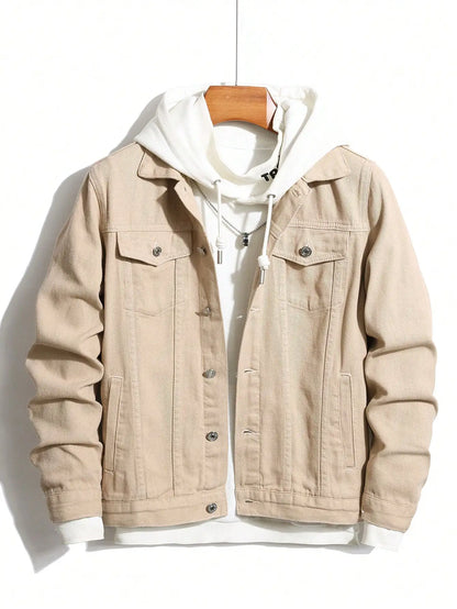 men's denim jacket for spring and autumn. Khaki simple coat. For daily casual wear, with a street - casual and trendy style.