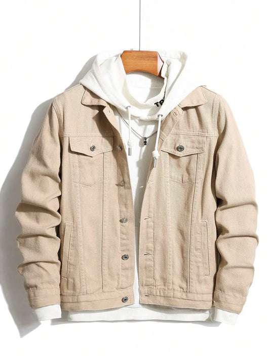 men's denim jacket for spring and autumn. Khaki simple coat. For daily casual wear, with a street - casual and trendy style.