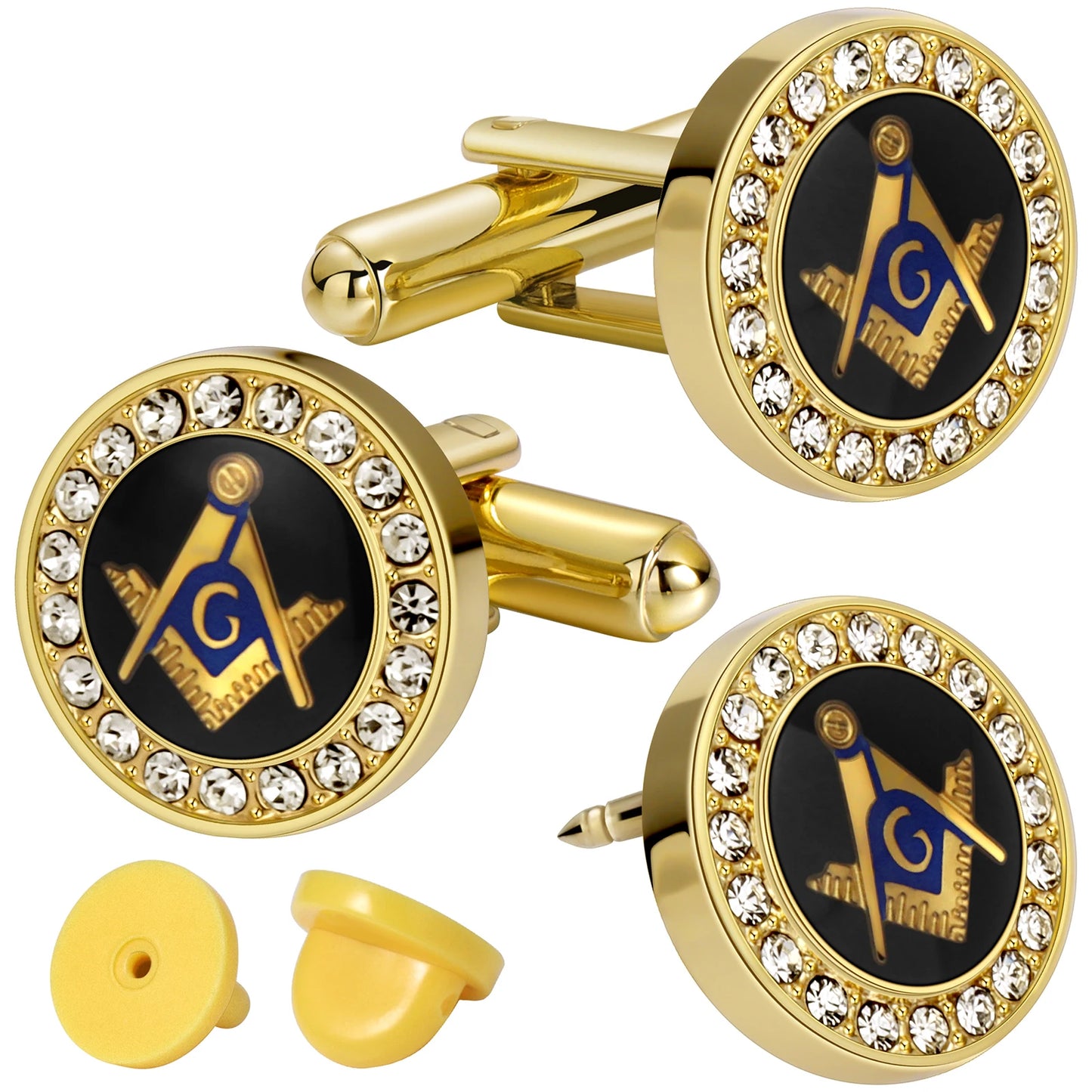 Mens Freemason Cufflinks 18K Gold Plated Square Compass Symbol with Black Blue Enamel and Crystal Rhinestones Gifts for Masonic