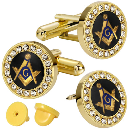 Mens Freemason Cufflinks 18K Gold Plated Square Compass Symbol with Black Blue Enamel and Crystal Rhinestones Gifts for Masonic