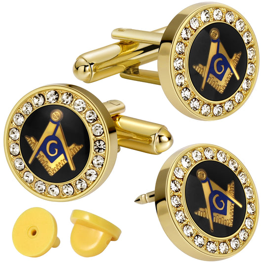 Mens Freemason Cufflinks 18K Gold Plated Square Compass Symbol with Black Blue Enamel and Crystal Rhinestones Gifts for Masonic