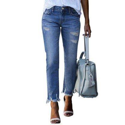 Spring Autumn Women's Denim Pants Ladies Slim Jeans Ripped Raw Edges Straight Leg Jeans Women Tight Leggings Soft Pencil Pants