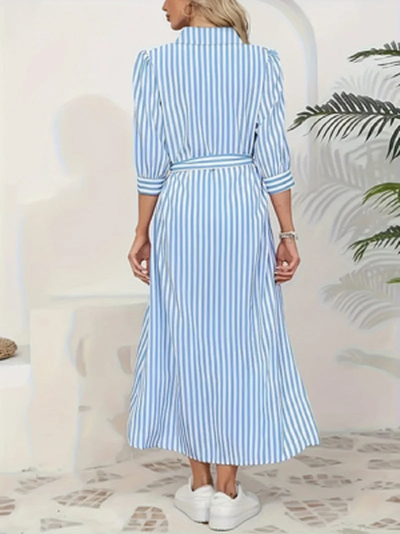 Women Blue White Vertical Striped Shirt Midi Dress 2026 New Turn Down Collar Button Front Belt Waist Tie Waist 3/4 Sleeve Split