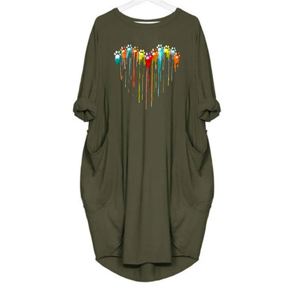 Women's Spring and Summer Footprint Heart Printed Casual Fashion Loose Large Size Long Sleeve Pocket Dress